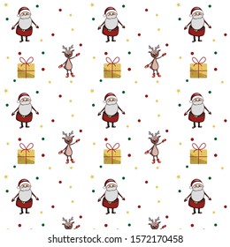 Christmas Seamless pattern with Santa, present, cute deer. Vector Version. 