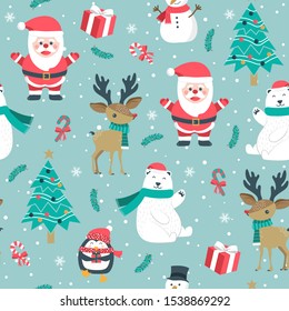 Christmas seamless pattern with santa and reindeer background, Winter pattern with polar bear, wrapping paper, pattern fills, winter greetings, web page background, Christmas and New Year