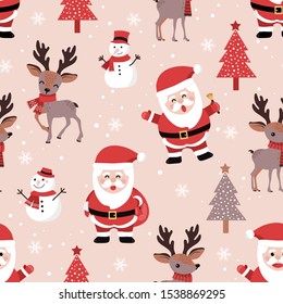 Christmas seamless pattern with santa and reindeer background, Winter pattern with snowflakes, wrapping paper, pattern fills, winter greetings, web page background, Christmas and New Year