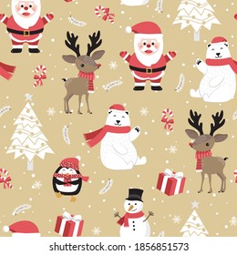 Christmas seamless pattern with santa and reindeer background, Winter pattern with polar bear, wrapping paper, winter greetings, web page background, Christmas and New Year greeting cards