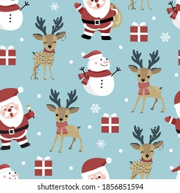 Christmas seamless pattern with santa and reindeer background, Winter pattern with snowflakes, wrapping paper, winter greetings, web page background, Christmas and New Year greeting cards