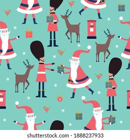 Christmas seamless pattern with Santa, reindeer, English guardsmen, boxes, snowflakes on blue background. 