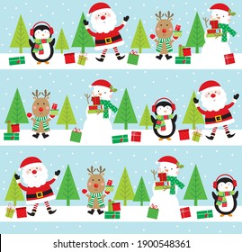 christmas seamless pattern with santa, reindeer, snowman, and penguin design