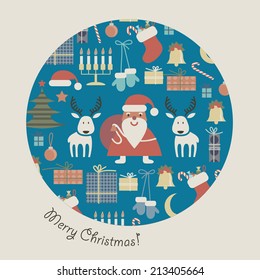 Christmas seamless pattern with Santa, reindeer, mittens, Christmas trees, candles, bells and presents. 