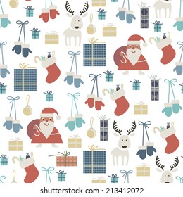 Christmas seamless pattern with Santa, reindeer, mittens, stockings, balls and gifts.