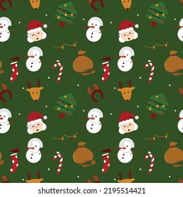 Christmas seamless pattern with santa, reindeer, snowman and more for celebration. Design background. Gift paper. Vector Illustration