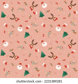 Christmas seamless pattern with Santa, reindeer, garlands, lollipops, Christmas tree, mittens. Vector illustration.