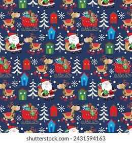 Christmas seamless pattern with santa, reindeer, gifts and sleigh