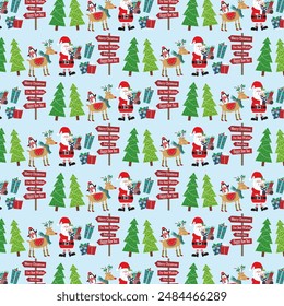 Christmas seamless pattern with santa, reindeer, penguin and tree