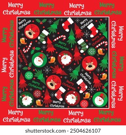 Christmas seamless pattern with santa, reindeer, snowman and robin