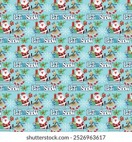 Christmas seamless pattern with santa, reindeer and sleigh
