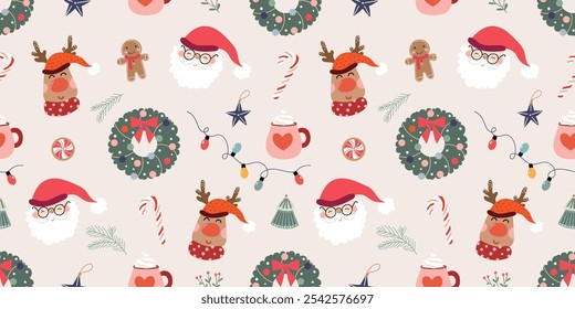 Christmas seamless pattern with Santa and reindeer, Holidays background, seasonal wallpaper