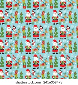 Christmas seamless pattern with santa, reinderr, penguin and tree