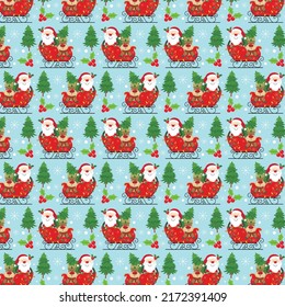 Christmas seamless pattern with santa sleigh and reindeer