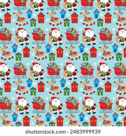 Christmas seamless pattern with santa, sleigh and reindeer