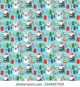 Christmas seamless pattern with Santa, sleigh, reindeer and snowman