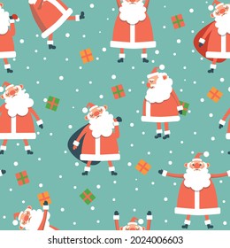 Christmas seamless pattern with Santa, snow and boxes of presents. Vector illustration. 