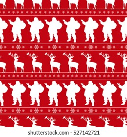 Christmas seamless pattern with Santa, snowflakes and deers. Vector illustration. Greetings card. Happy holidays. Winter background.