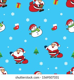 Christmas seamless pattern with Santa, Snowman, Christmas tree and Gift box.