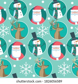 Christmas seamless pattern with Santa, snowman, snowflakes  and deer.
