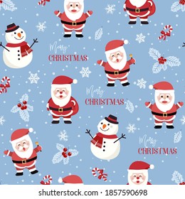 Christmas seamless pattern with Santa and snowman background, Winter pattern with holly berries, wrapping paper, winter greetings, web page background, Christmas and New Year greeting cards