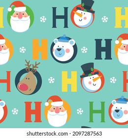Christmas seamless pattern with Santa, snowman, polar bear and deer. Ho ho ho. Vector illustration.