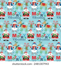 Christmas seamless pattern with Santa, snowman and reindeer