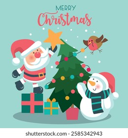 Christmas seamless pattern with Santa, snowman and bird are decorating tree.
