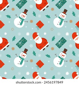 Christmas seamless pattern with Santa , snowmen and gifts.