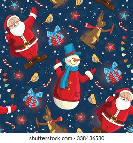 Christmas seamless pattern with santa, snowmen and hare. Vector illustration