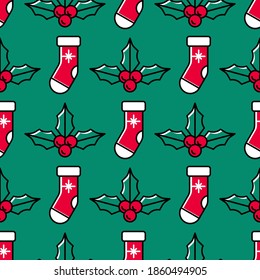 Christmas seamless pattern with Santa socks and holly on a green background. Cute colorful festive background for Christmas and New Year. Cartoon style. Red Santa socks and ilex with berries