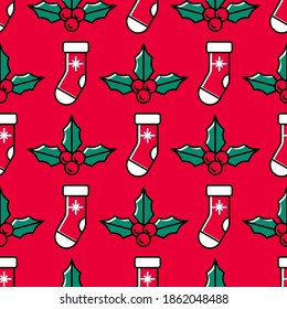 Navidad sin fisuras con medias de Santa y con un fondo rojo brillante. Bonitos y coloridos antecedentes festivos para Navidad y Año Nuevo. Estilo de caricatura. Calcetines de Santa Roja y calcetines con bayas