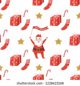 Christmas seamless pattern with Santa, christmas stick, gingerbread, gift box. Scandinavian style. Vector illustration.