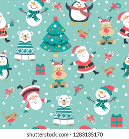 Christmas seamless pattern with Santa, tree, polar bear, reindeer, penguin and gifts. Vector illustration.