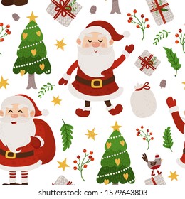 Christmas seamless pattern with Santa and Christmas tree