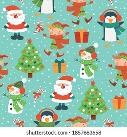Christmas seamless pattern with Santa, tree, elves, snowman and penguin on blue background. Vector illustration. 