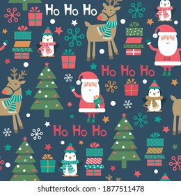 Christmas seamless pattern with Santa, tree, reindeer and penguin on blue background. Vector illustration. 