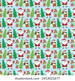 Christmas seamless pattern with santa, tree, gifts and bird