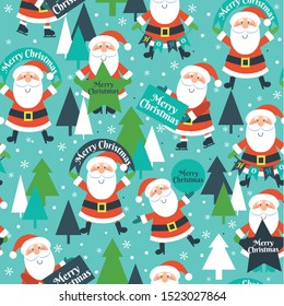 Christmas seamless pattern with Santa, trees, snowflakes on blue background. 
