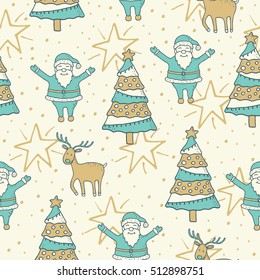 Christmas seamless pattern with Santa and Christmas trees. Can be used for wrapping paper, pattern fill, web page background and fabric