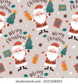 Navidades sin patrón con santas y regalos. Perfecto para Navidades de papel, tela y diseños de regalo.