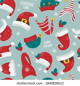 Christmas seamless pattern with Santas and Gnomes hats. Vector illustration for christmas invitations, t-shirts and scrapbooking