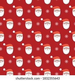 Christmas seamless pattern with Santa's heads and snowflakes on red background. Vector illustration.