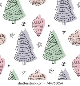 Christmas seamless pattern, scandinavian doodle style, line art