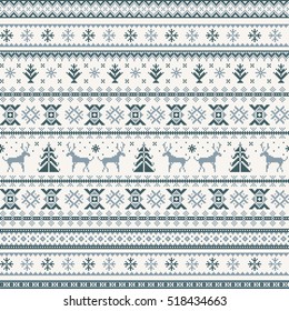 Christmas seamless pattern. Scandinavian folk decor - deer, snow flake and tree. Nordic ornament. Light & dark blue pixel images with light background. Vector eps file.