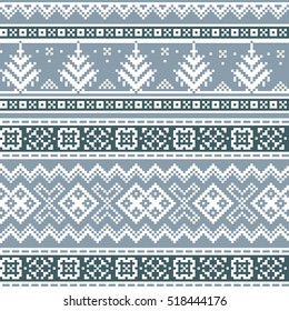 Christmas seamless pattern. Scandinavian folk decor - snow flake and tree. Nordic ornament. White pixel images with light & dark blue background. Vector eps file.