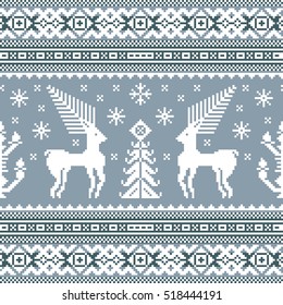 Christmas seamless pattern. Scandinavian folk decor - deer, snow flake and tree. Nordic ornament. White pixel images with light & dark blue background. Vector eps file.