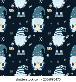 Christmas seamless pattern with scandinavian gnome and snowflakes. Can be used for fabric, wrapping paper, scrapbooking, textile, poster, banner and other christmas design. Flat style.