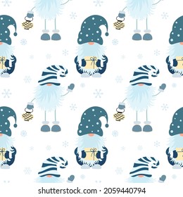 Christmas seamless pattern with scandinavian gnome and snowflakes. Can be used for fabric, wrapping paper, scrapbooking, textile, poster, banner and other christmas design. Flat style.