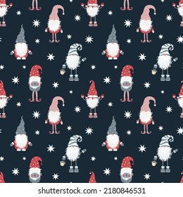 Christmas seamless pattern with scandinavian gnome. Can be used for fabric, wrapping paper, scrapbooking, textile, poster, banner and other christmas design. Flat style.